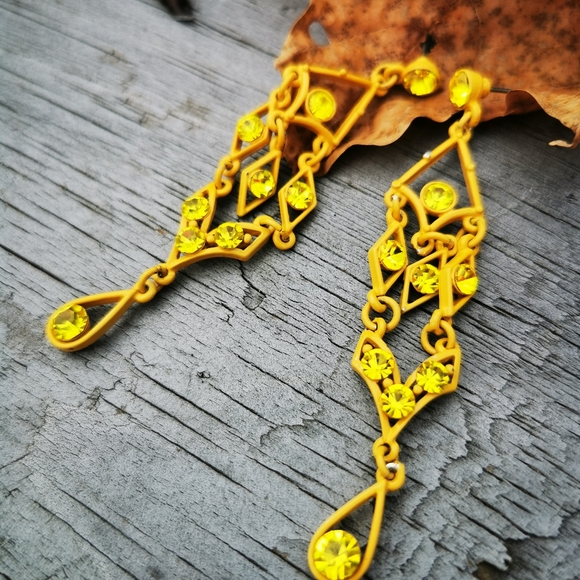 Yellow Painted Metal Chandelier Post Earrings with Yellow Rhinestones - Picture 11 of 13